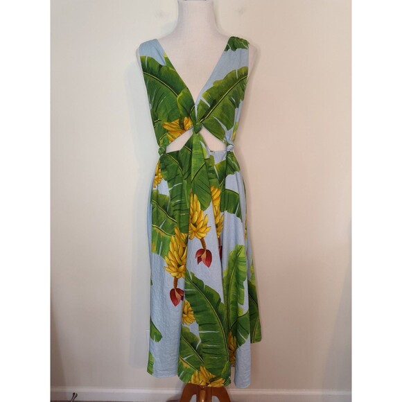 Farm Rio Fresh Bananas Cut Out Midi Dress Size Medium Linen Tropical - Picture 2 of 13